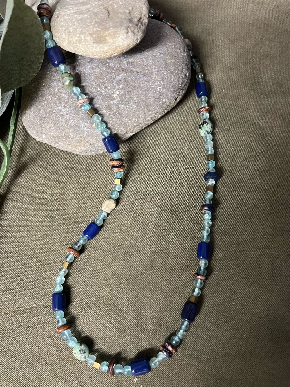Sundance Blue Beaded Necklace - Mixed Gemstone Design 10” drop, brass closure